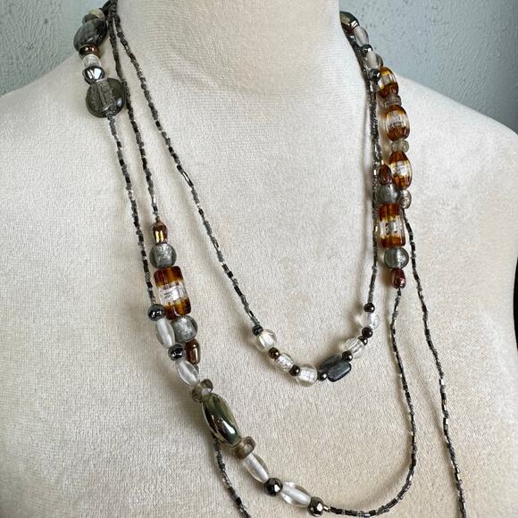Coldwater Creek Brown Neutral Multi Shape Beads Seed Bead Layering Long Necklace - Picture 5 of 10
